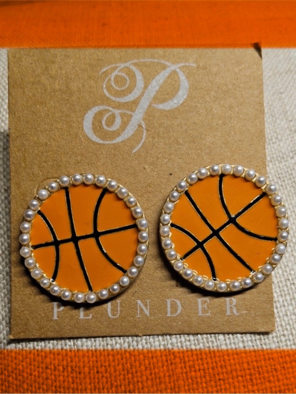 5 Plunder Kids, Teenage/sport women Orange Basketball Pearl Trim Stud Earrings